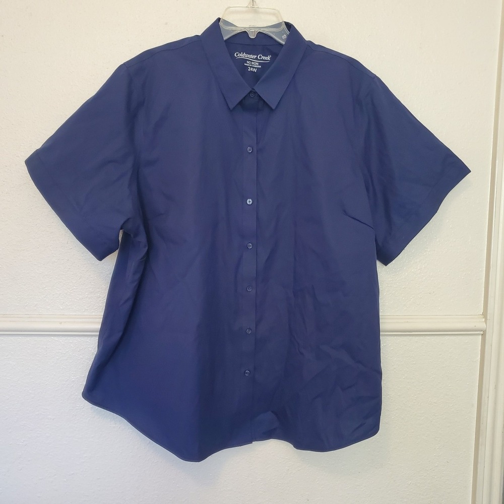 Coldwater Creek Women's 24W Plus Navy Blue No Iron Short Sleeve Button Up Shirt
